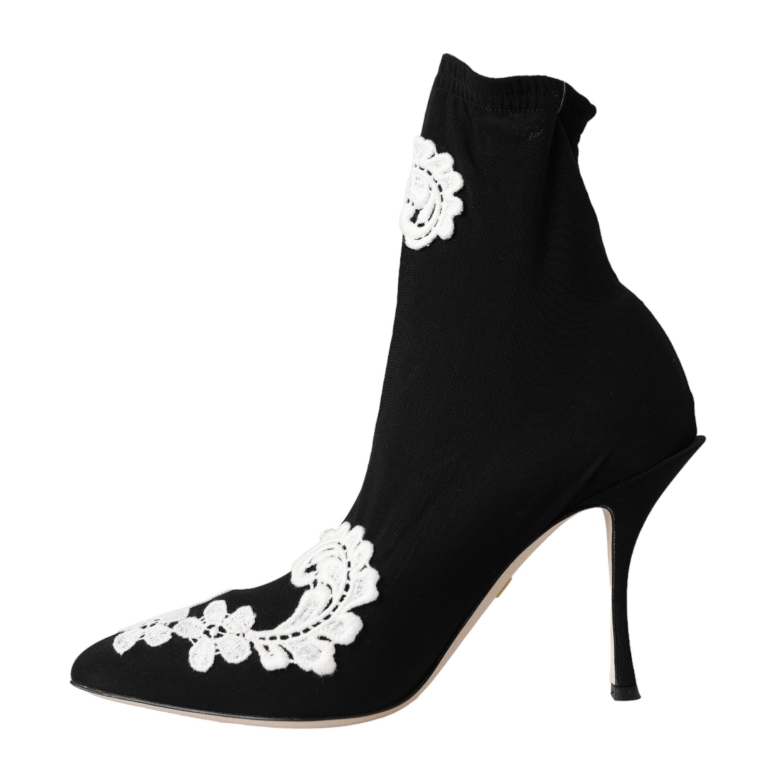 Dolce & Gabbana Black White Embroidery Slip On Boots Shoes