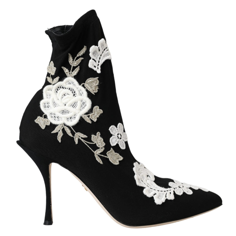 Dolce & Gabbana Black & White Embroidery Slip-On Booties