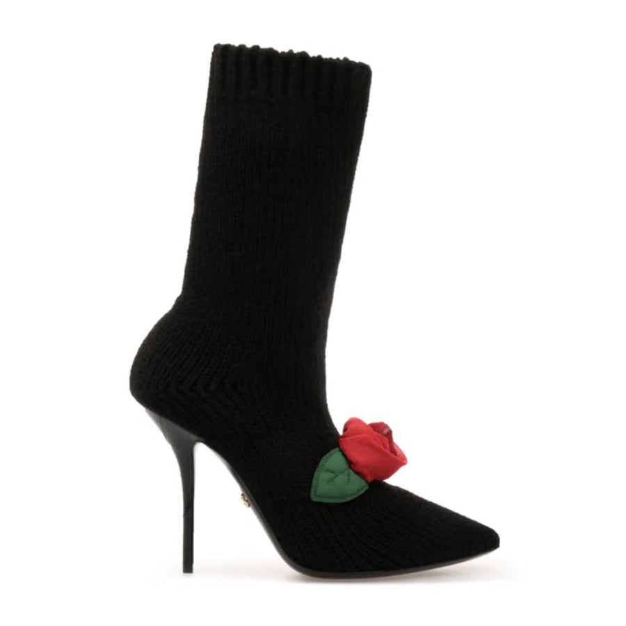 Dolce & Gabbana Black Stiletto Booties with Rose Embellishment