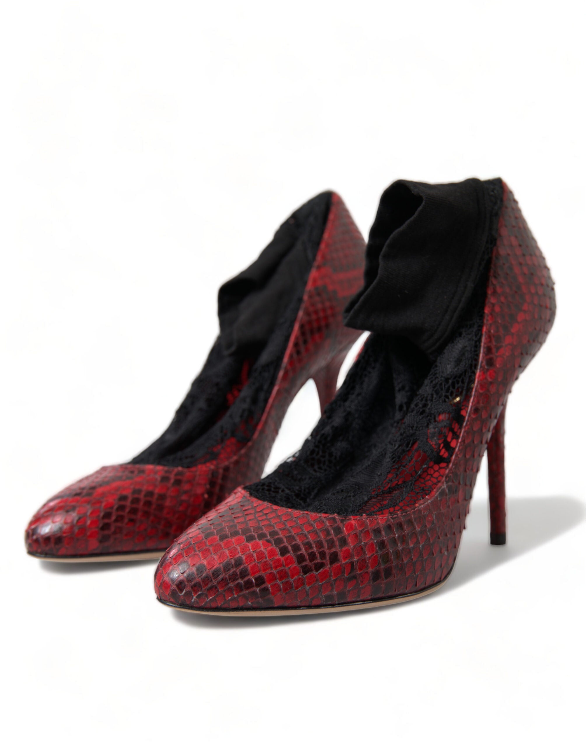 Dolce & Gabbana Red Snakeskin Pumps with Lace Socks