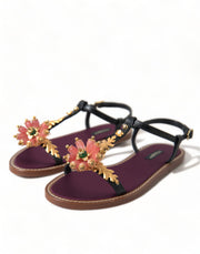 Dolce & Gabbana Black Crystal Gold Sandals Leather Shoes