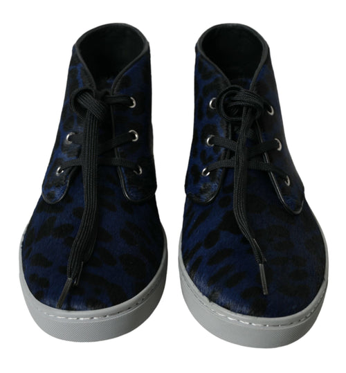 Dolce & Gabbana Blue Calfskin Leopard Mid Top Sneakers Shoes