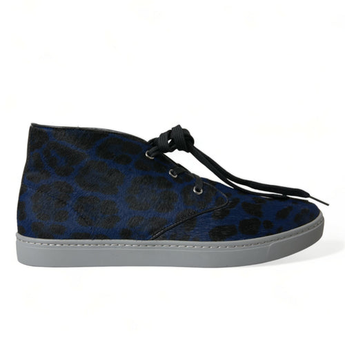 Dolce & Gabbana Blue Calfskin Leopard Mid Top Sneakers Shoes