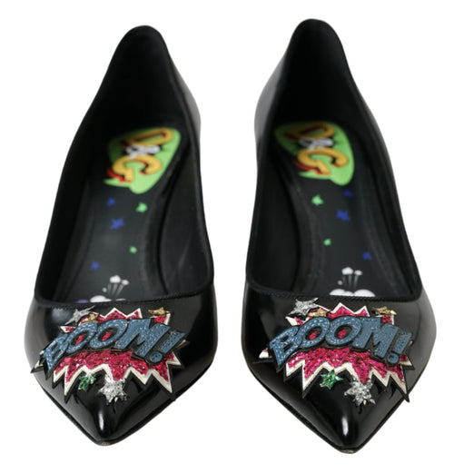 Dolce & Gabbana Black Leather BOOM Patch Heels Pumps Shoes