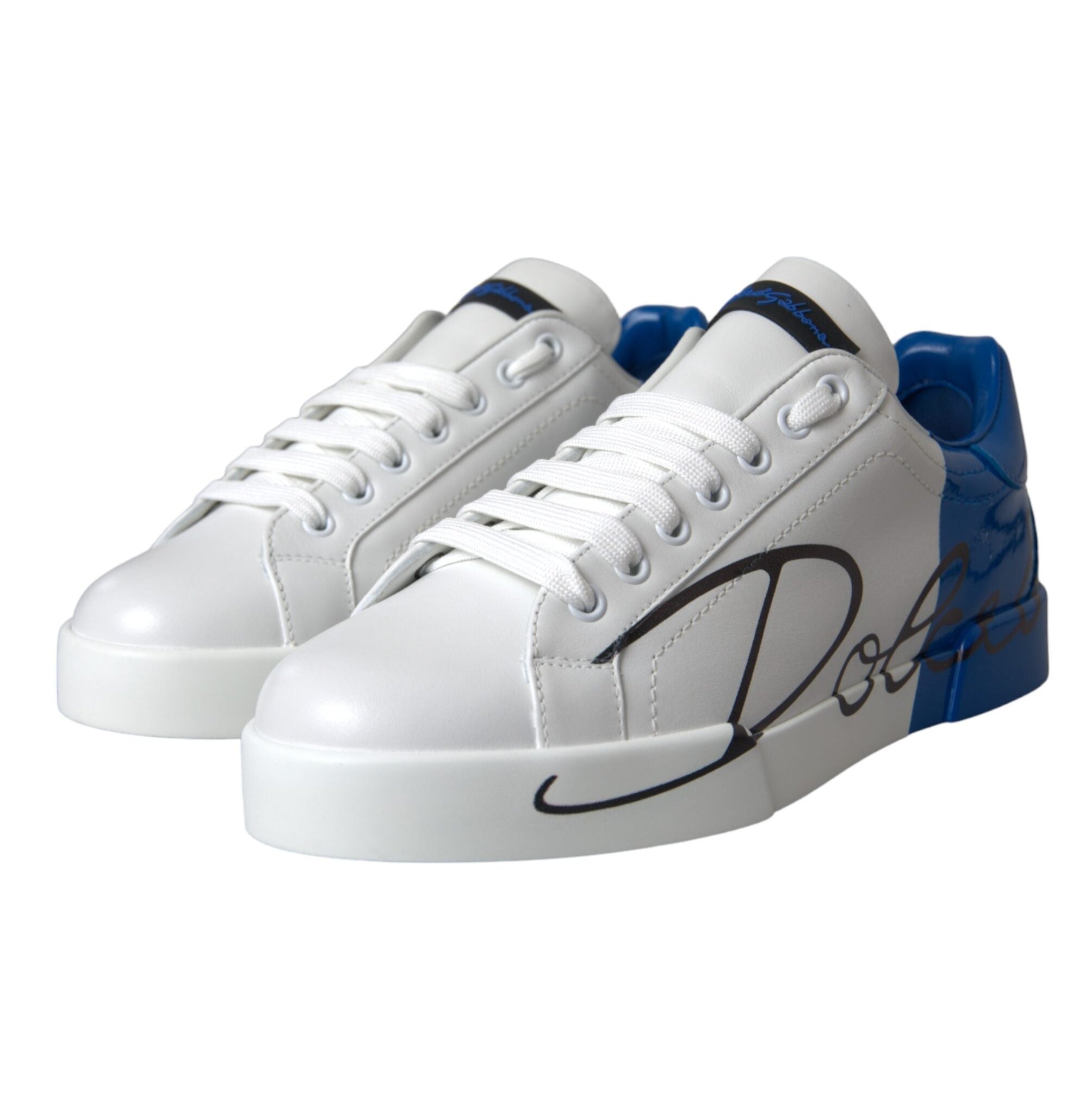 Dolce & Gabbana White Blue Leather Logo Low Top Sneakers Shoes