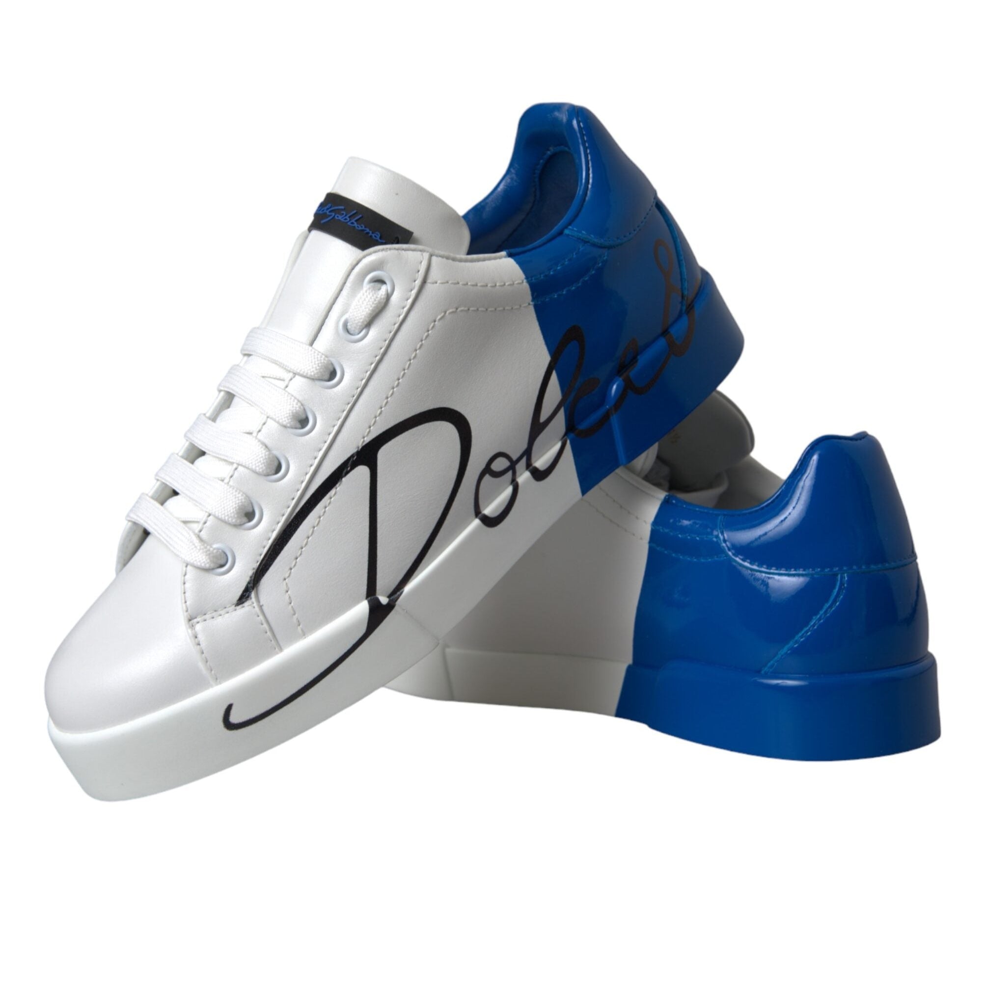 Dolce & Gabbana White Blue Leather Logo Low Top Sneakers Shoes