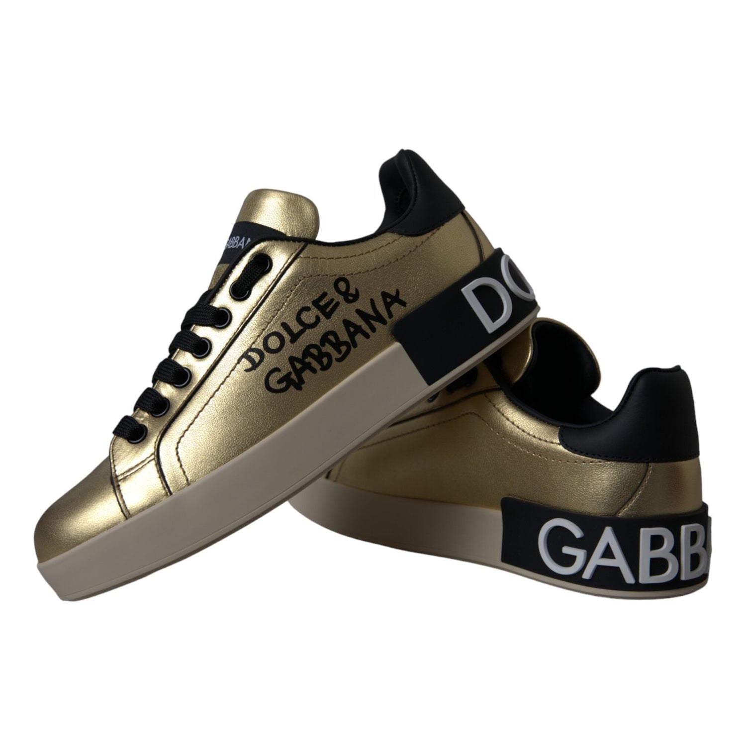 Dolce & Gabbana Gold Portofino Calf Leather Sneakers Women Shoes