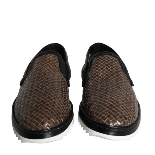 Dolce & Gabbana Brown Black Leather Weaved Men Loafers Shoes