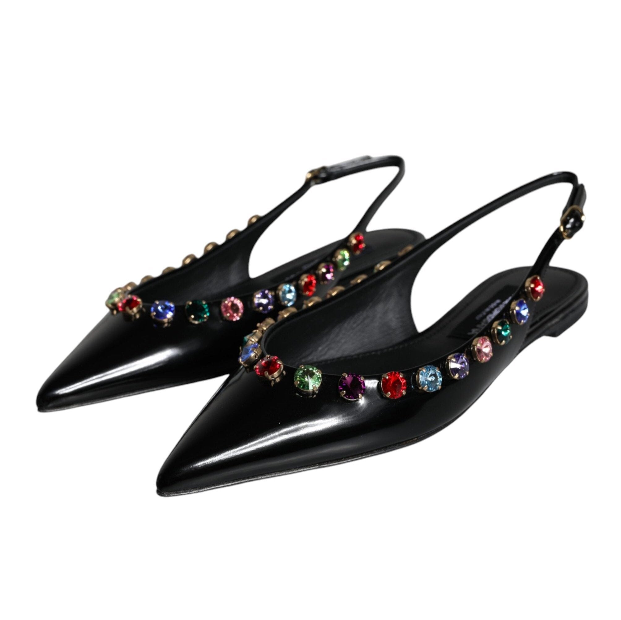 Dolce & Gabbana Black Leather Crystal Flats