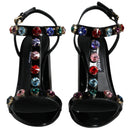 Dolce & Gabbana Black Crystal Leather T-strap Sandals Shoes