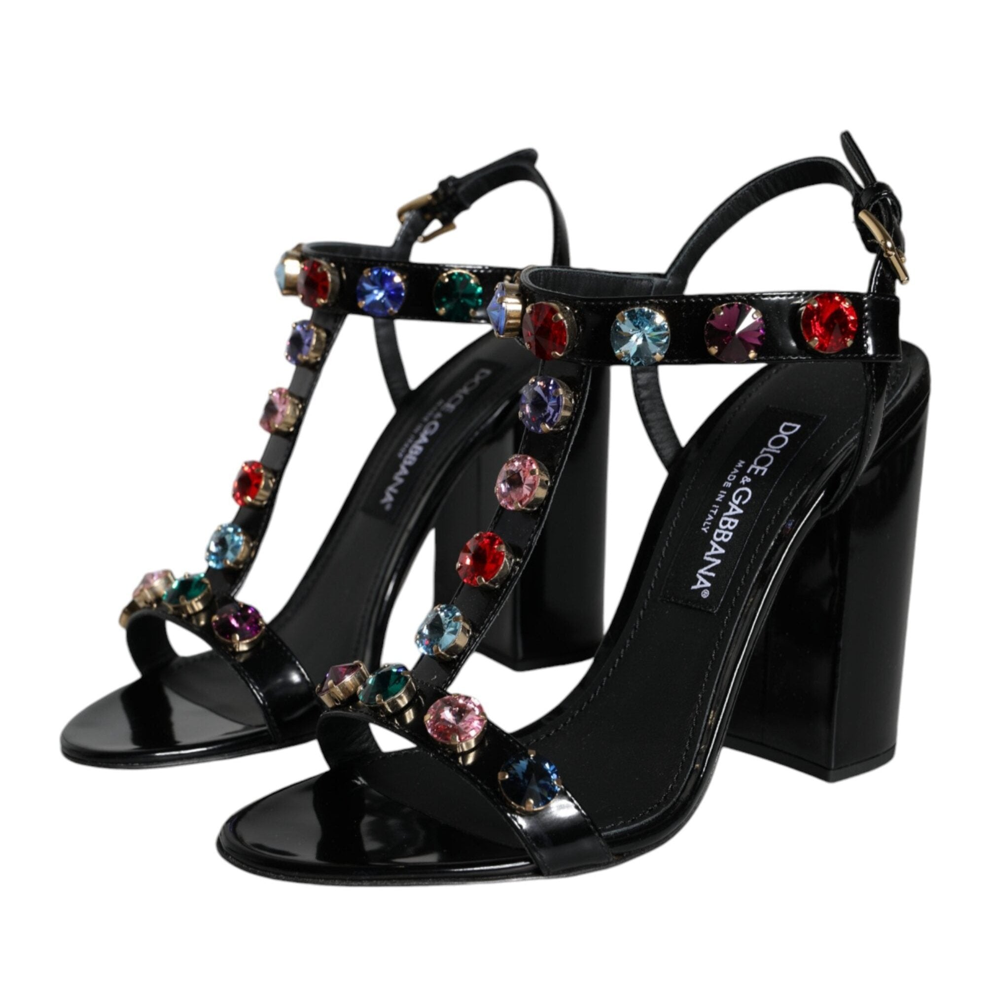 Dolce & Gabbana Black Crystal Leather T-strap Sandals Shoes