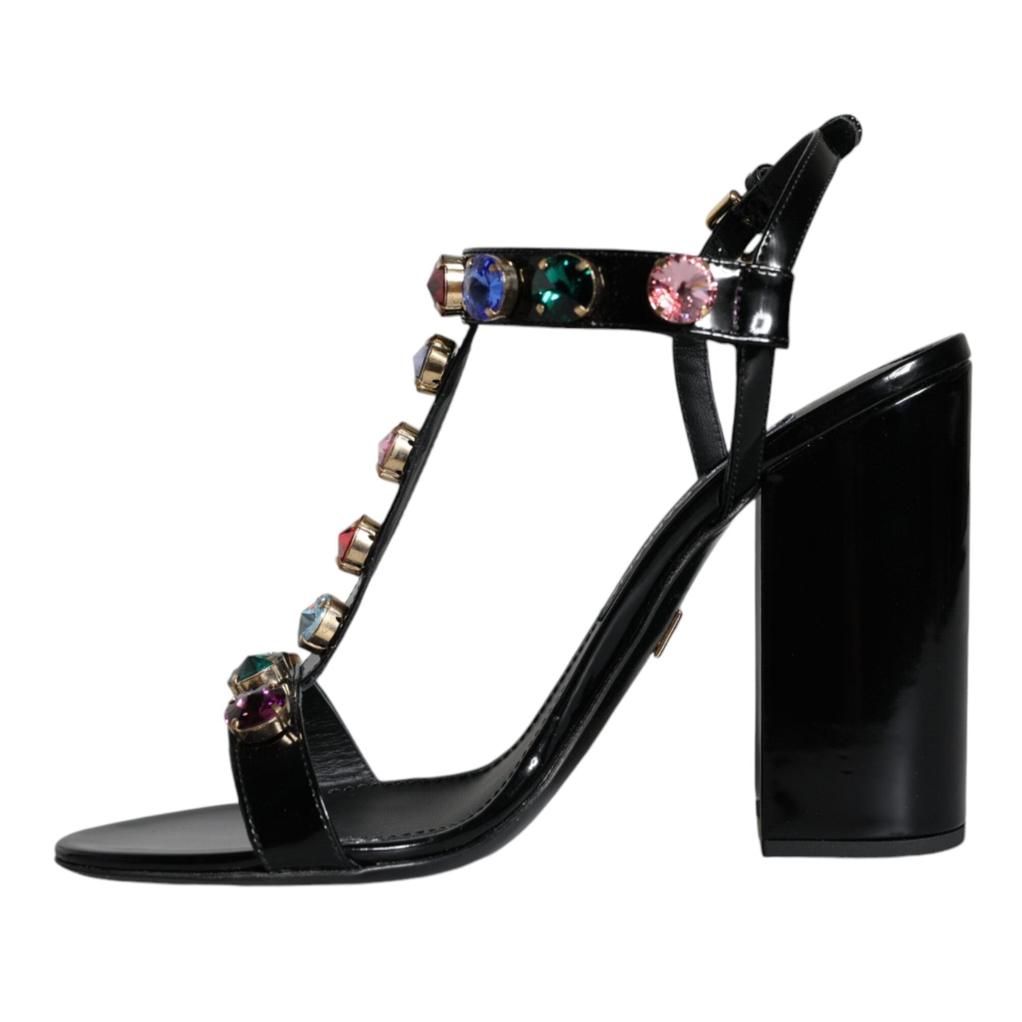 Dolce & Gabbana Black Crystal Leather T-strap Sandals Shoes