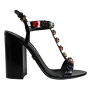 Dolce & Gabbana Black Crystal Leather T-strap Sandals Shoes