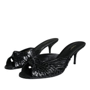 Dolce & Gabbana Black Leather Heels Slides Sandals Shoes
