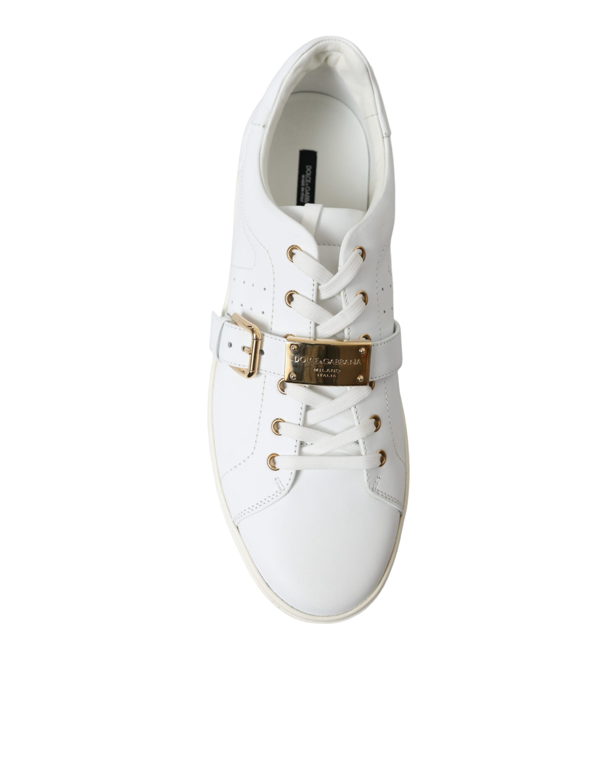 Dolce & Gabbana White Leather Gold Buckle Sneakers