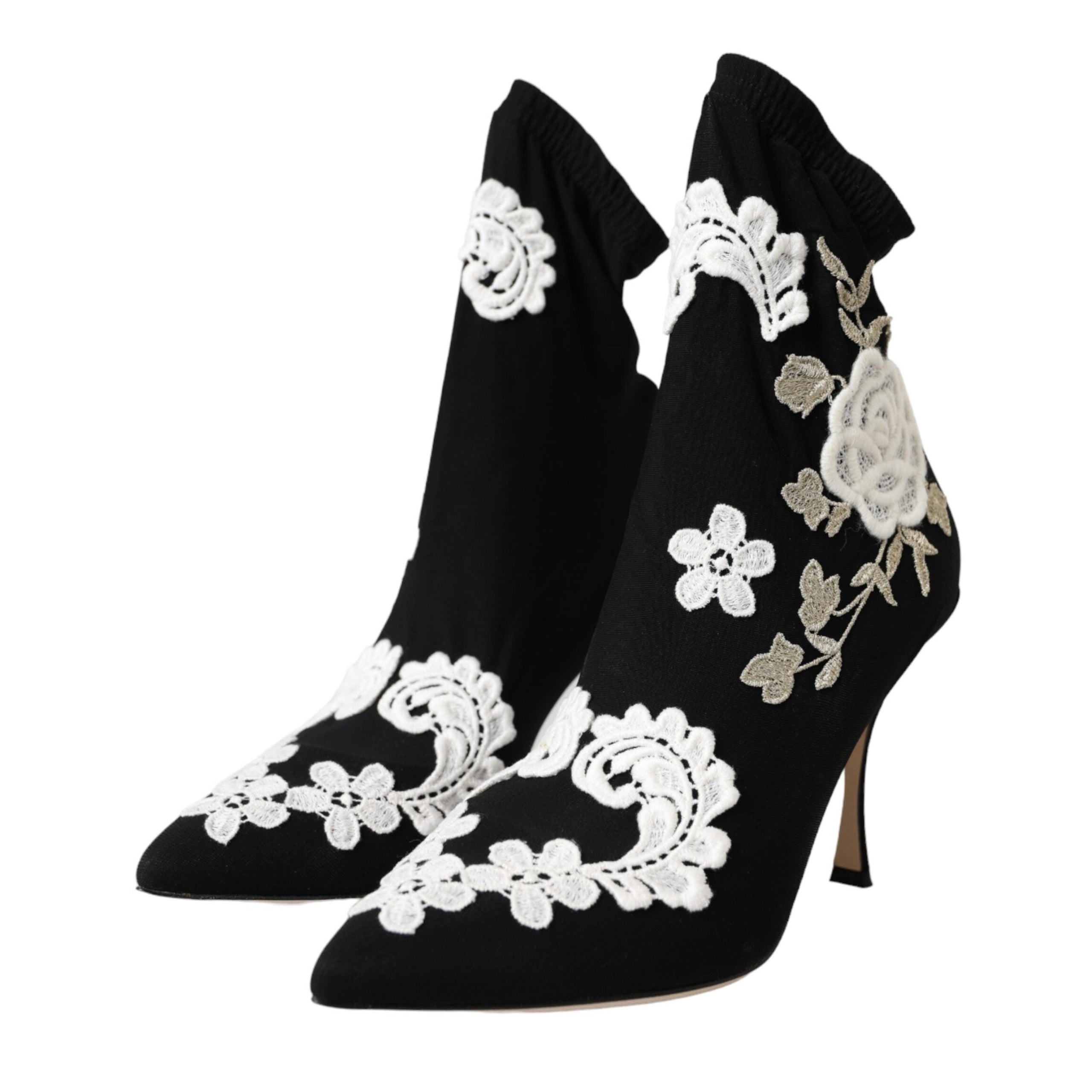 Dolce & Gabbana Black White Embroidery Slip On Boots Shoes