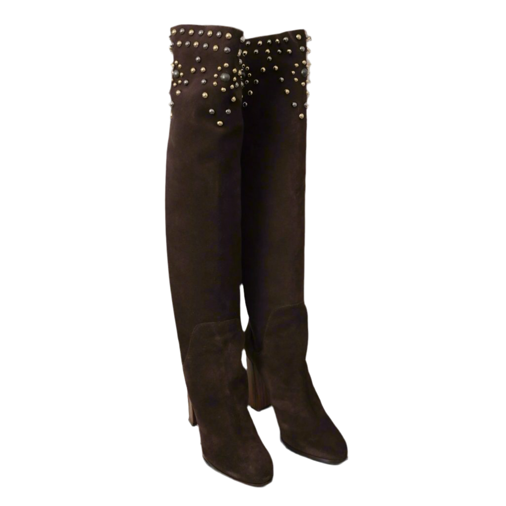 Dolce & Gabbana Studded Suede Knee High Boots in Brown