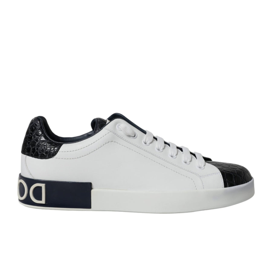 Dolce & Gabbana Portofino Calfskin & Croc Leather Sneakers — Black & White