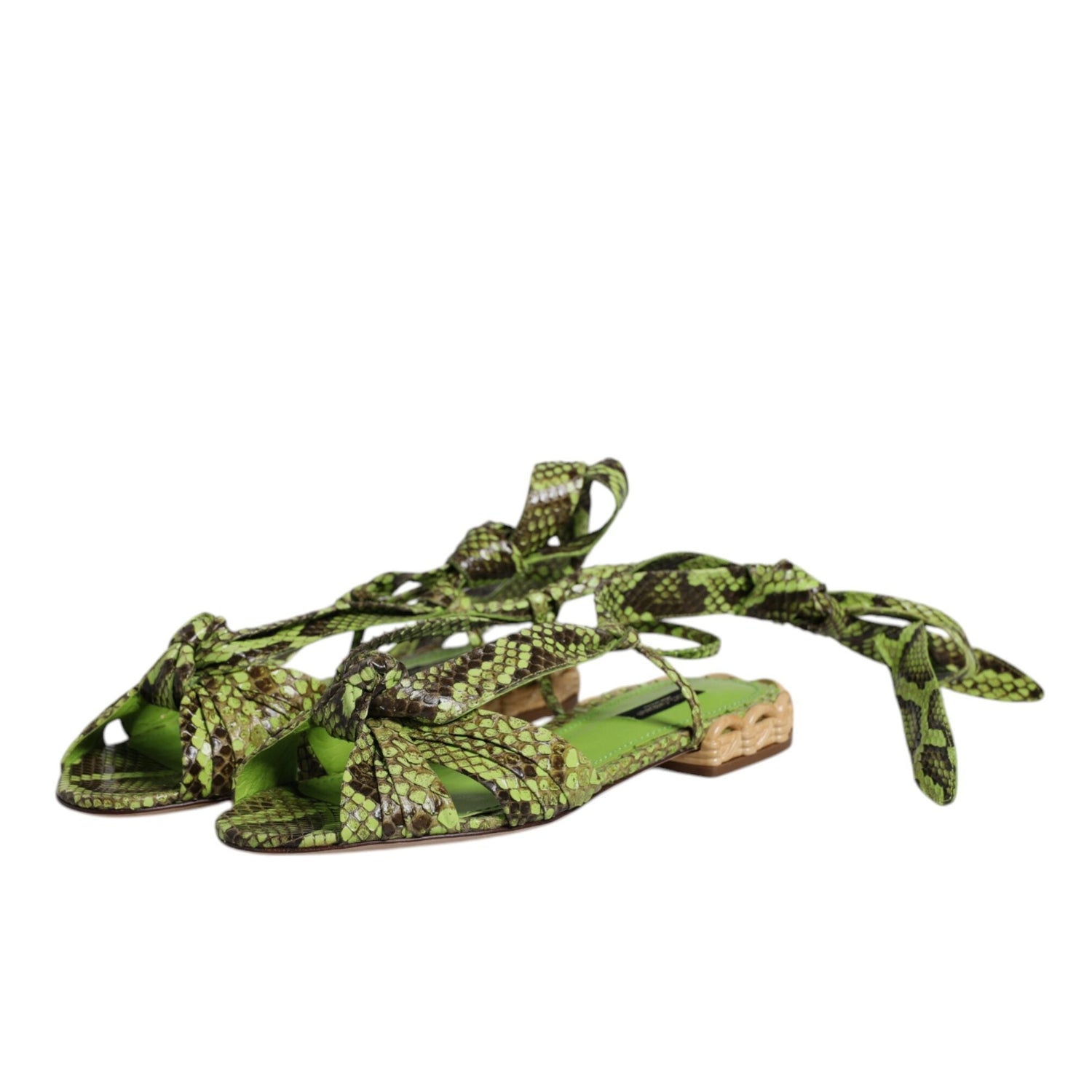 Dolce & Gabbana Green Python Leather Ankle Wrap Flat Sandals