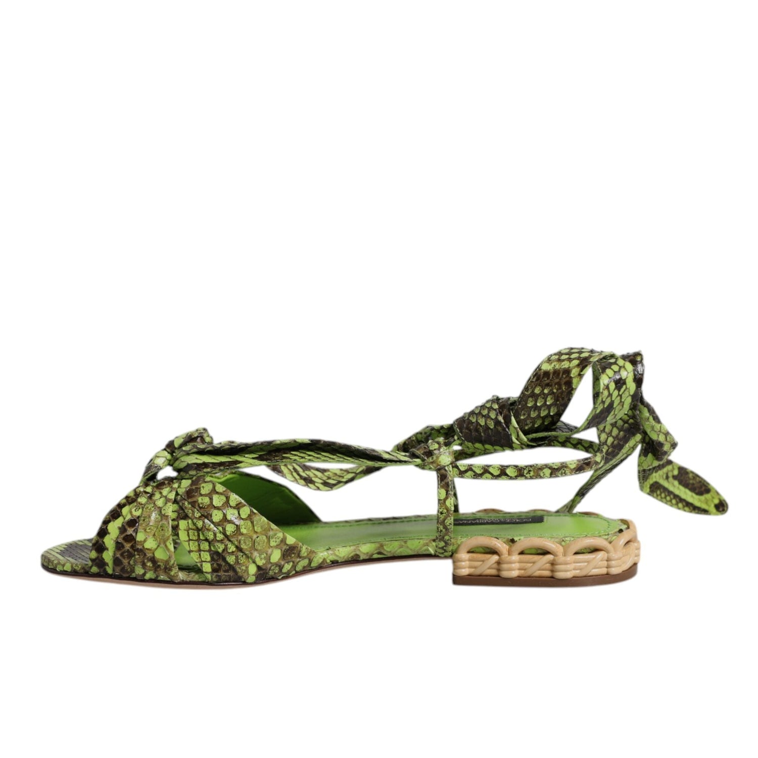 Dolce & Gabbana Green Python Leather Ankle Wrap Flat Sandals