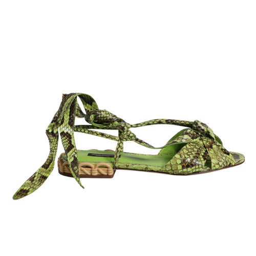 Dolce & Gabbana Green Animal Print Ankle Wrap Sandals Shoes