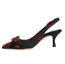 Dolce & Gabbana Black Red Floral Crystal Heel Slingback Shoes