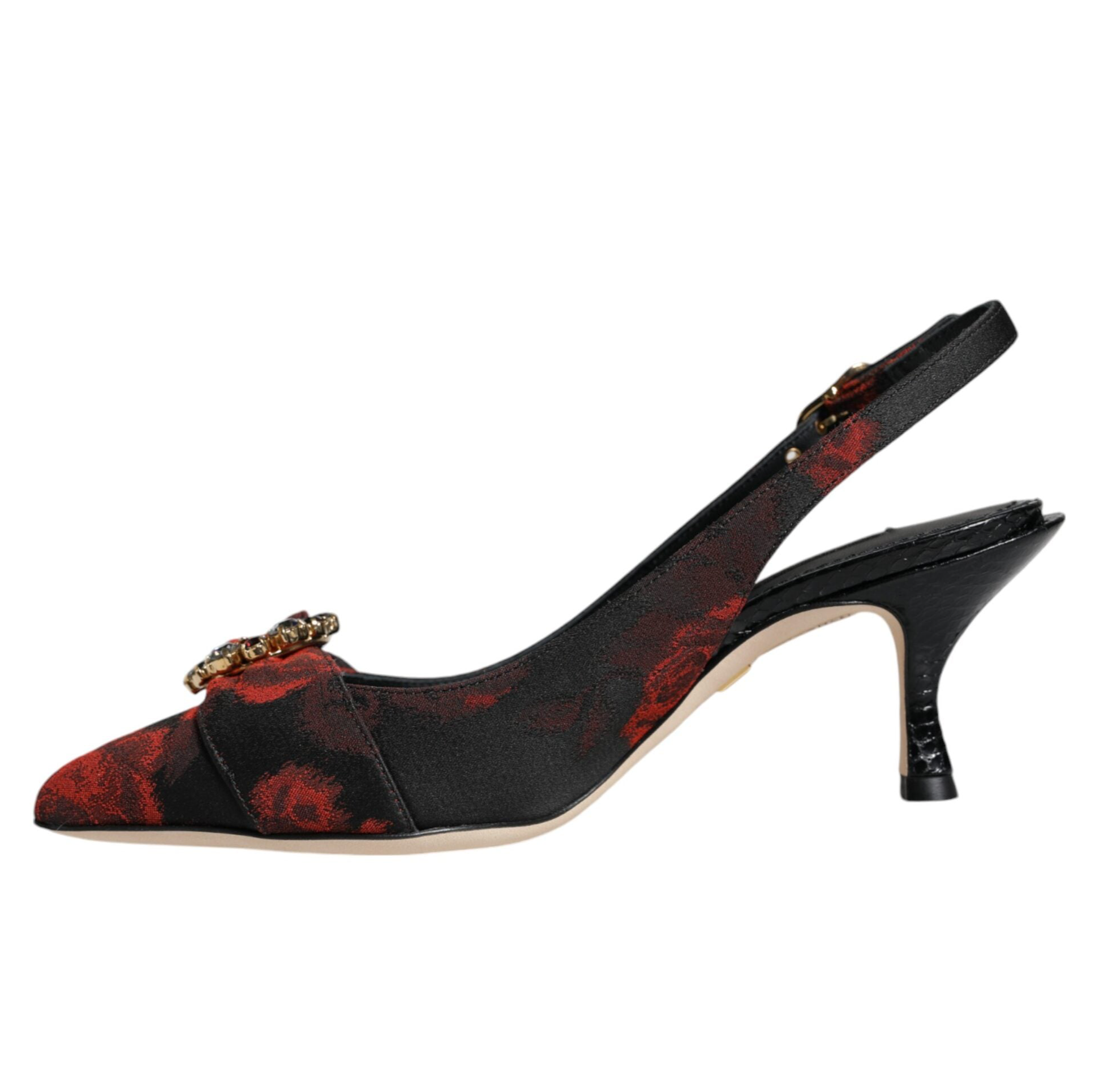 Dolce & Gabbana Black Red Floral Crystal Heel Slingback Shoes