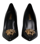 Versace Black Leather Logo Plaque High Heels Pumps Shoes