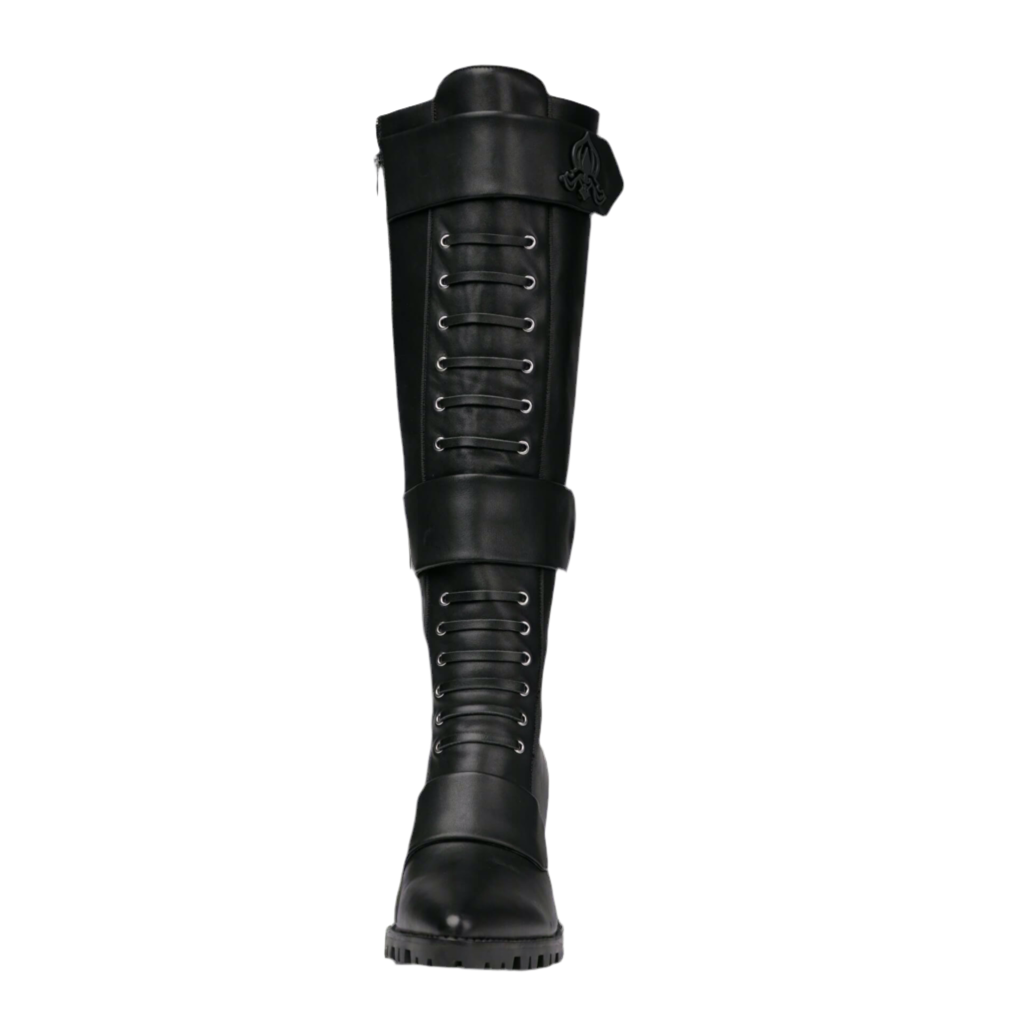 Michaela V Aspen Marta black leather boots worn on leg - lifestyle view