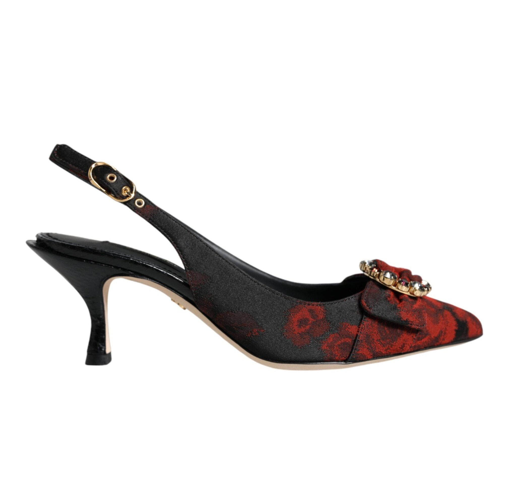 Dolce & Gabbana Black Red Floral Crystal Heel Slingback Shoes
