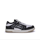 Black and white sneaker with unique design on a white background