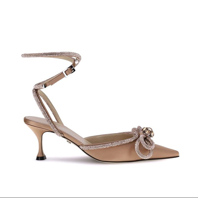 MACH & MACH Double Bow Beige Silk Pumps