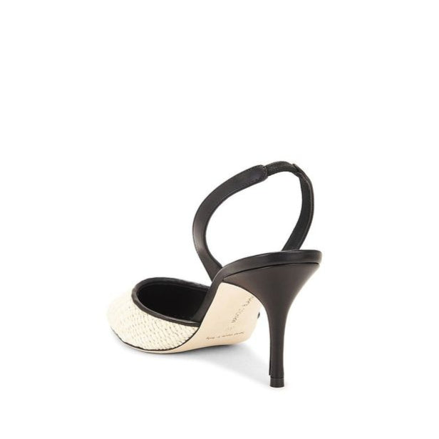 High-heeled shoe with a black strap on a white background