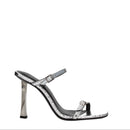 Silver high-heeled sandal with rhinestone details on a white background