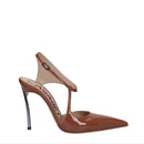 Brown high-heeled shoe on a white background
