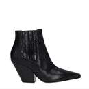 Black ankle boots with a textured finish on a white background