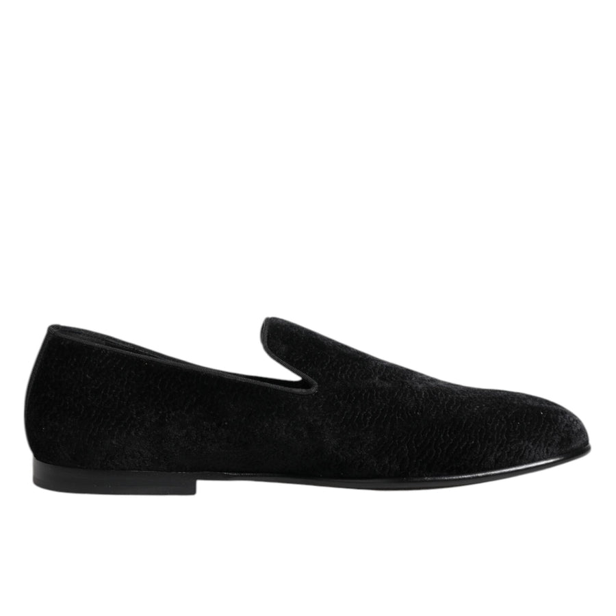 Dolce & Gabbana Black Velvet Jacquard Slip-On Loafers