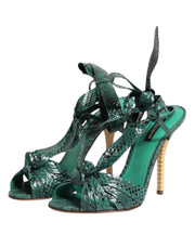 Dolce & Gabbana Green Python Leather Heels Sandals Shoes