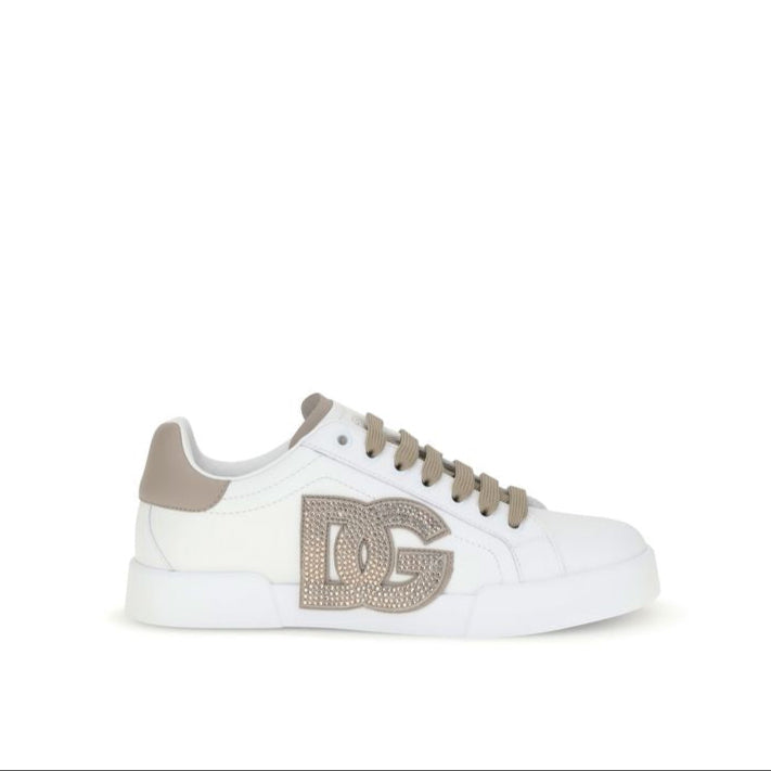 Dolce & Gabbana White Portofino Sneakers with Crystal Details