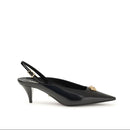 Black high-heeled slingback shoe on a white background