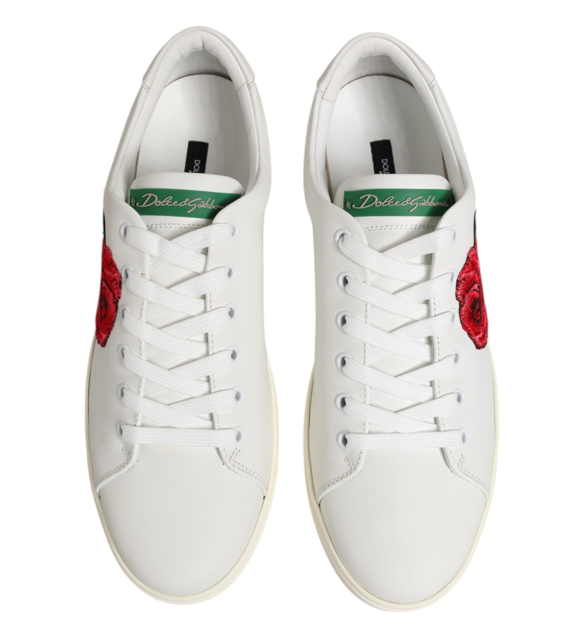 Dolce & Gabbana White Leather Rose Embroidery Sneakers