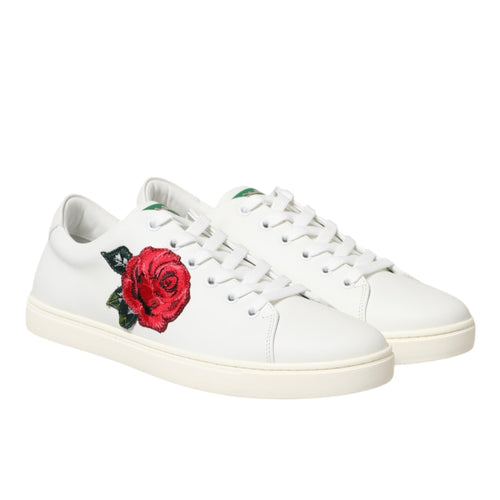 Dolce & Gabbana White Leather Rose Embroidery Low-Top  Shoes