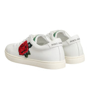 Dolce & Gabbana White Leather Rose Embroidery Low-Top  Shoes