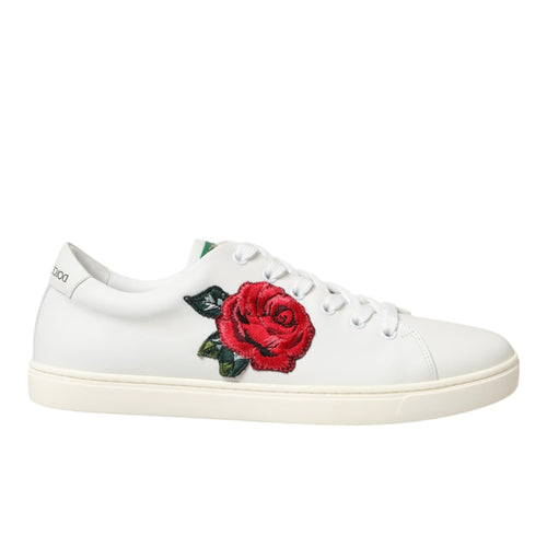 Dolce & Gabbana White Leather Rose Embroidery Low-Top  Shoes