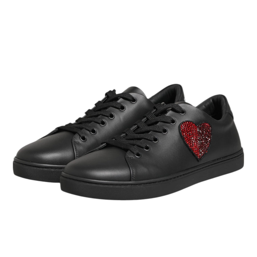 Dolce & Gabbana Black Leather Crystal Heart Sneakers