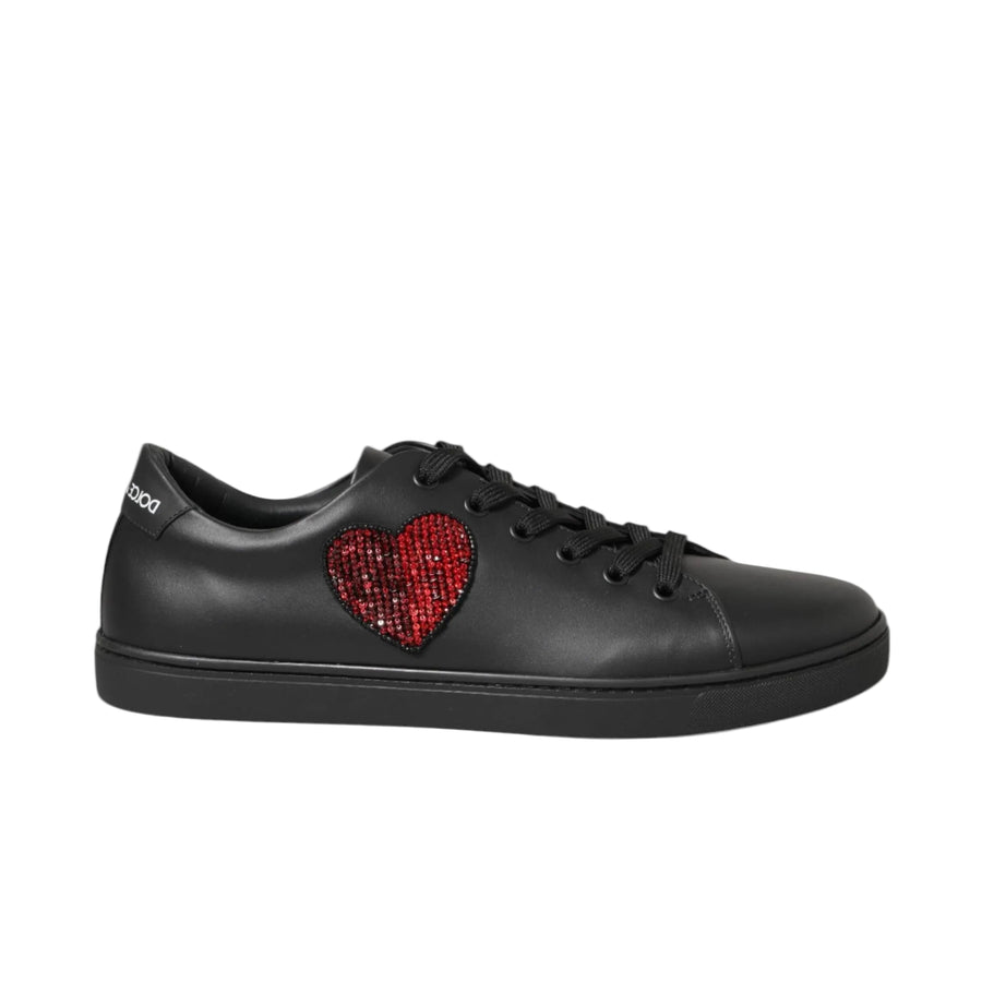 Dolce & Gabbana Black Leather Crystal Heart Sneakers