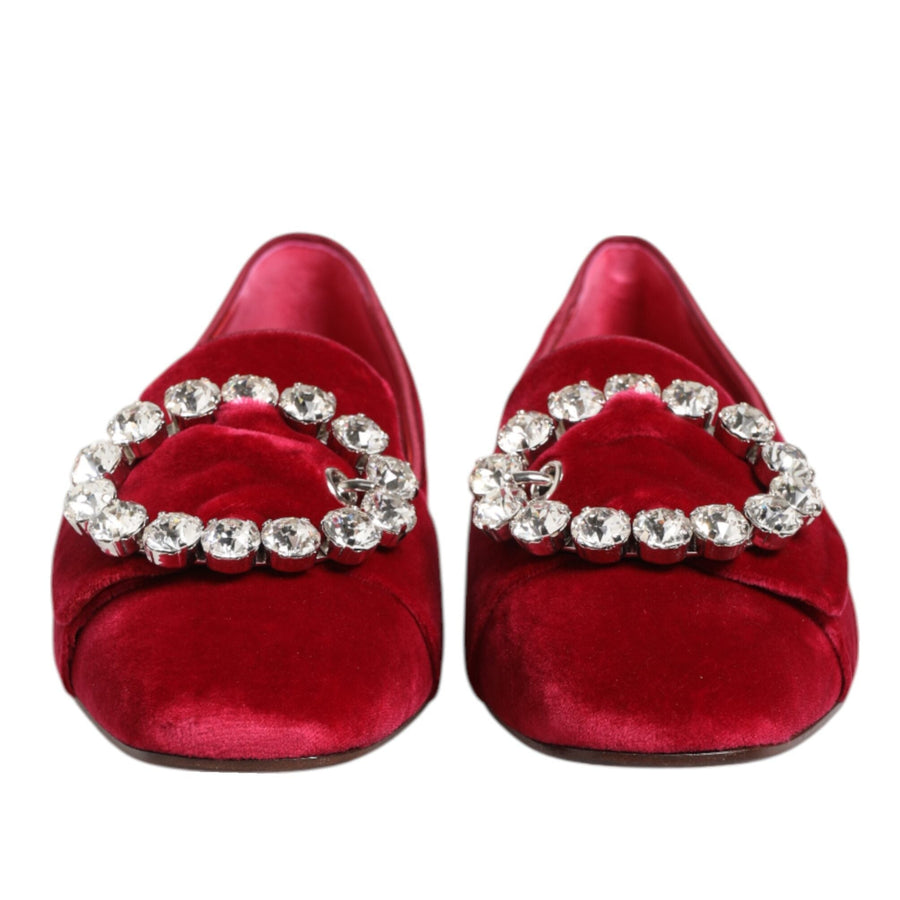 Dolce & Gabbana Red Velvet Crystal Buckle Loafers