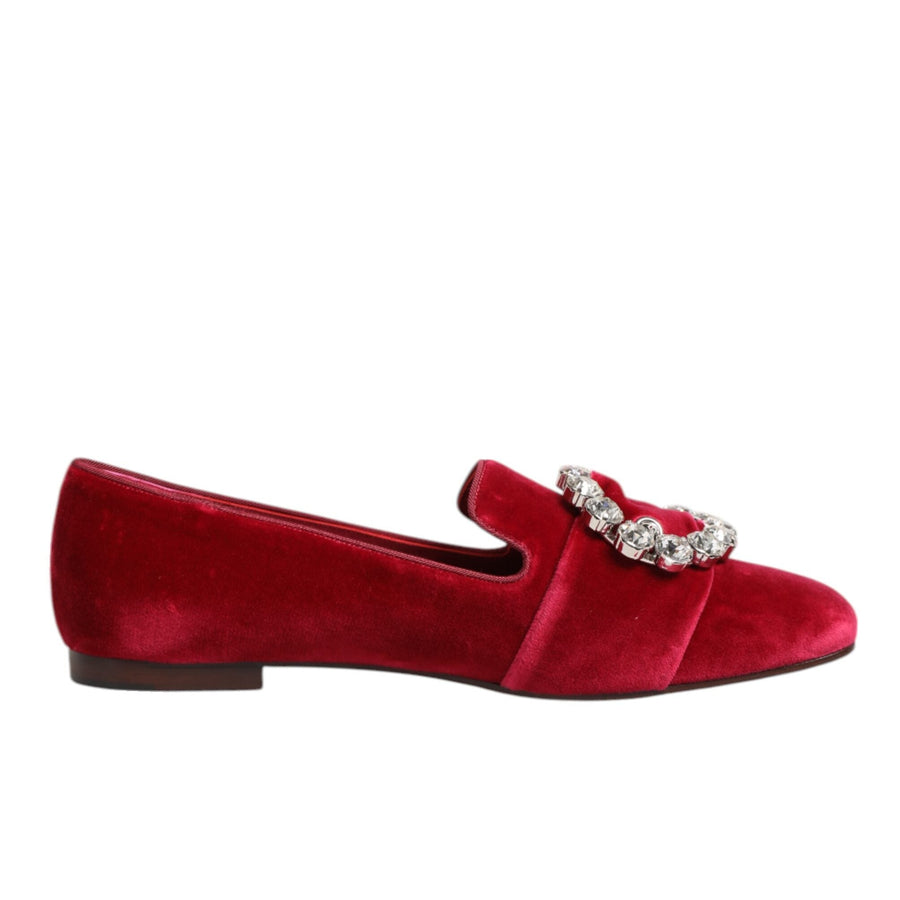 Dolce & Gabbana Red Velvet Crystal Buckle Loafers