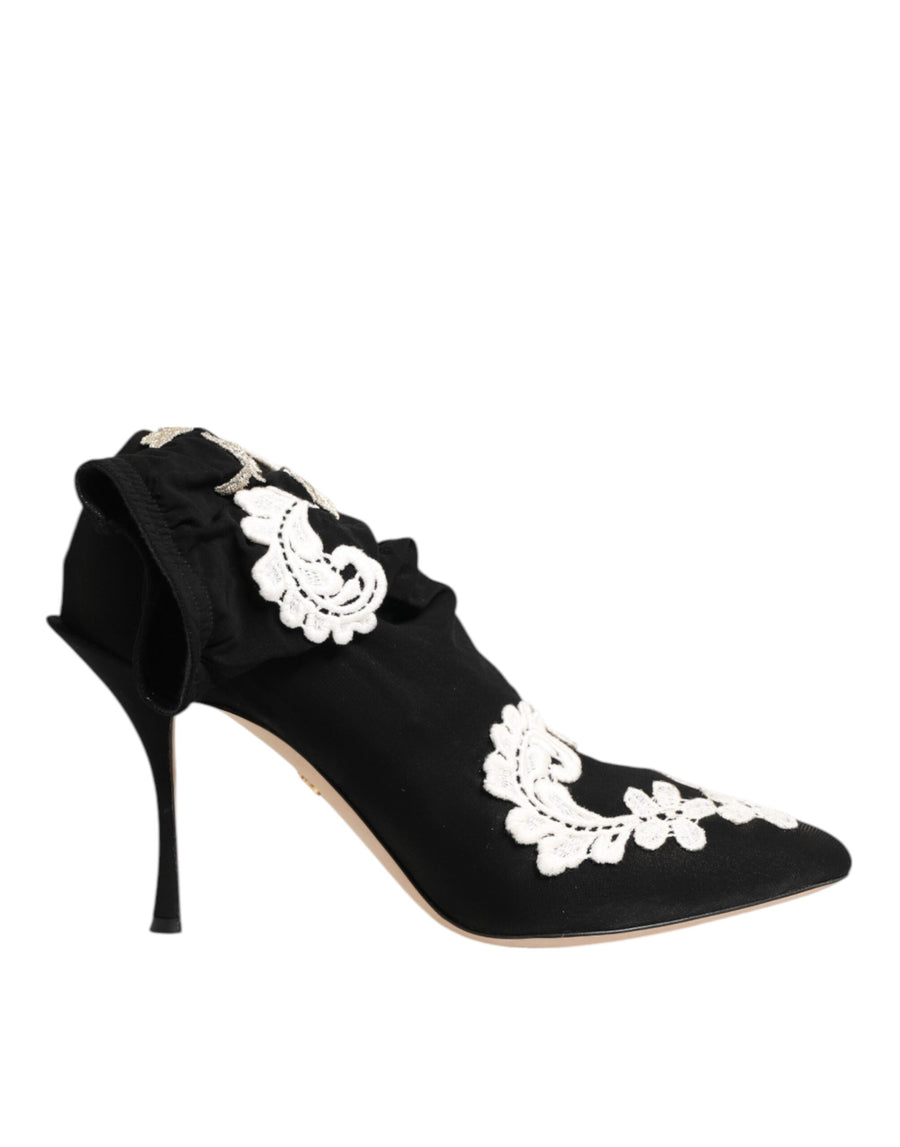 Dolce & Gabbana Black White Embroidered Jersey Stiletto Boots Shoes