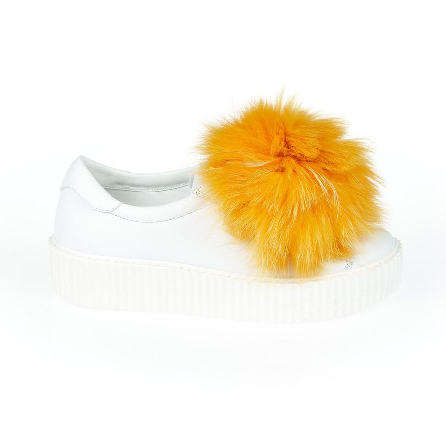 Mr&Mrs Italy White Textile Women Sneaker With Real Fur Pom Poms